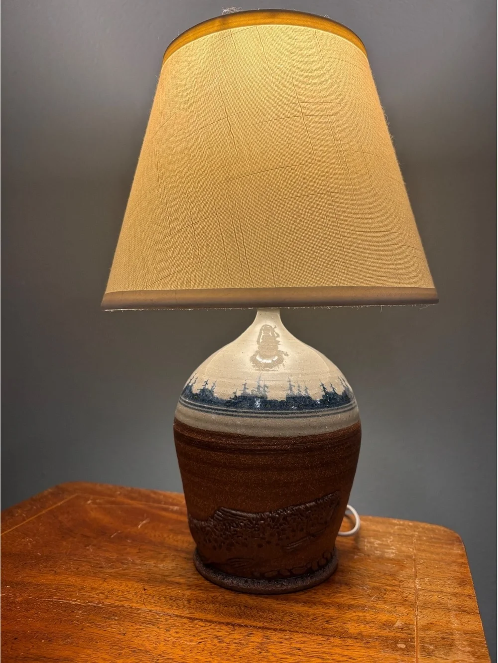 Vintage Gricus Pottery Trout Table Lamp, Handmade Studio Stoneware. Maine Made